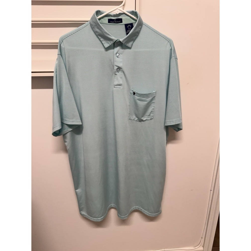Simply Southern Mens XXL Performance Polo Shirt Aqua Blue Striped Turtle Logo